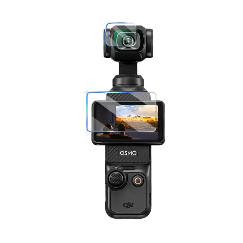 Front view of the 0.33mm ultra-thin screen protector on the DJI Osmo Pocket camera. Maintains original true touch sensitivity for flawless 4K video monitoring.