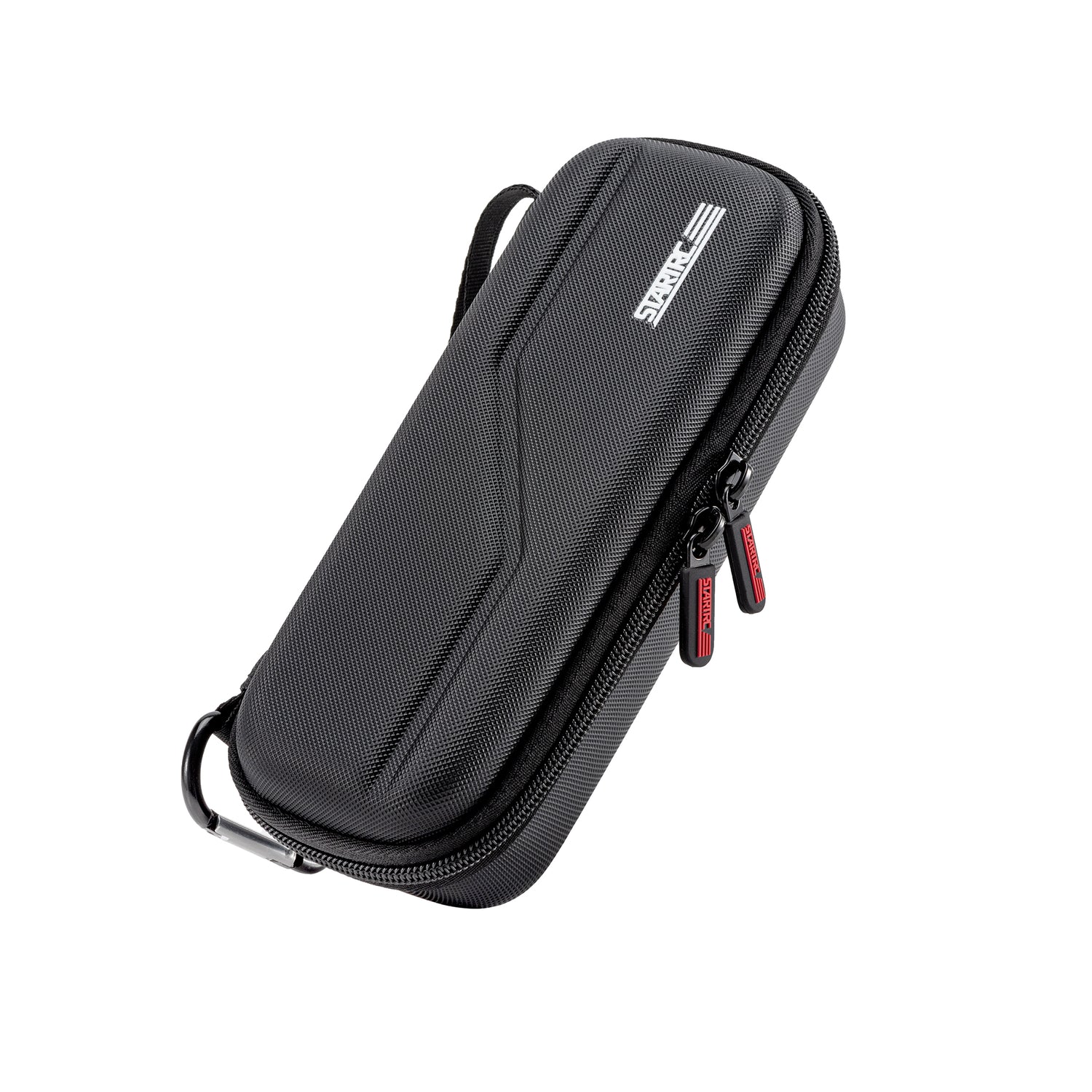 A sleek, closed view of the STARTRC DJI Pocket 4 storage bag, made from durable PU leather with a carbon fiber texture and waterproof properties.