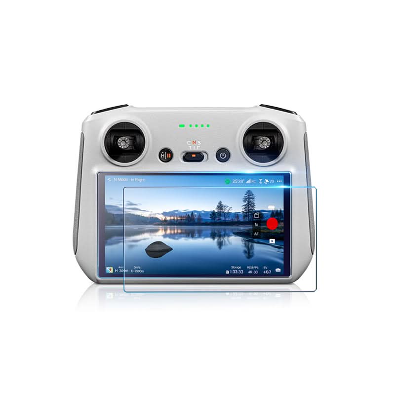The STARTRC HD tempered glass screen protector hovering above a DJI RC 2 remote controller, showing the 1:1 custom molding for perfect edge-to-edge defense.