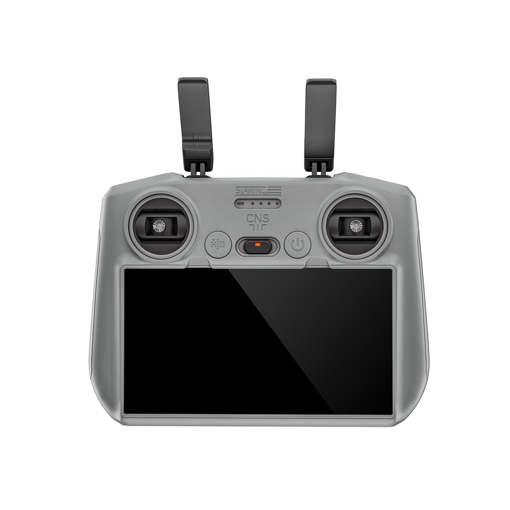 The STARTRC grey silicone protective cover installed on a DJI RC 2 remote controller, providing full drop-proof and anti-slip protection for the screen and body.