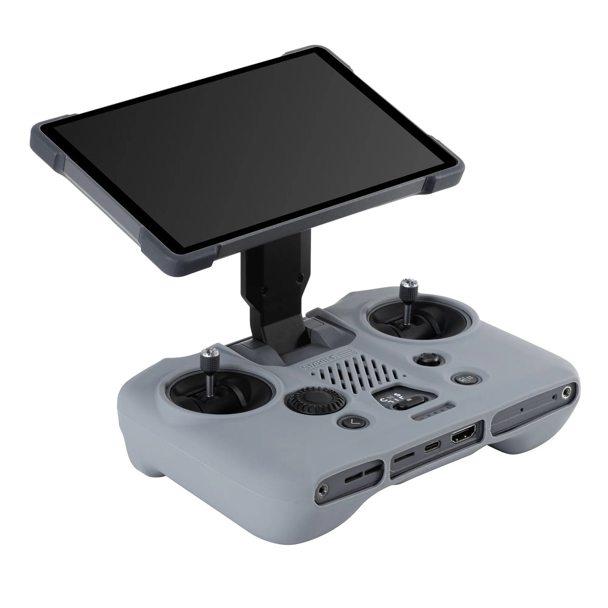 The DJI RC PRO 2 remote with the screen unfolded, demonstrating how the flexible silicone protector allows full, unhindered operation of the device.