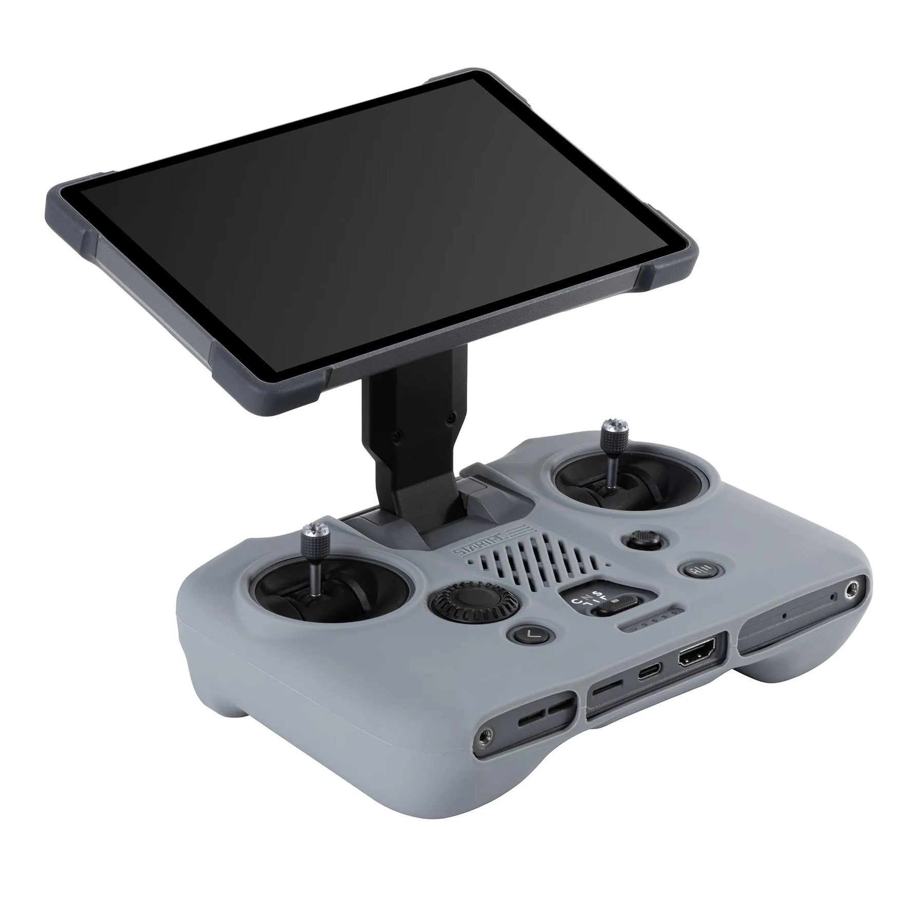 The DJI RC PRO 2 remote with the screen unfolded, demonstrating how the flexible silicone protector allows full, unhindered operation of the device.
