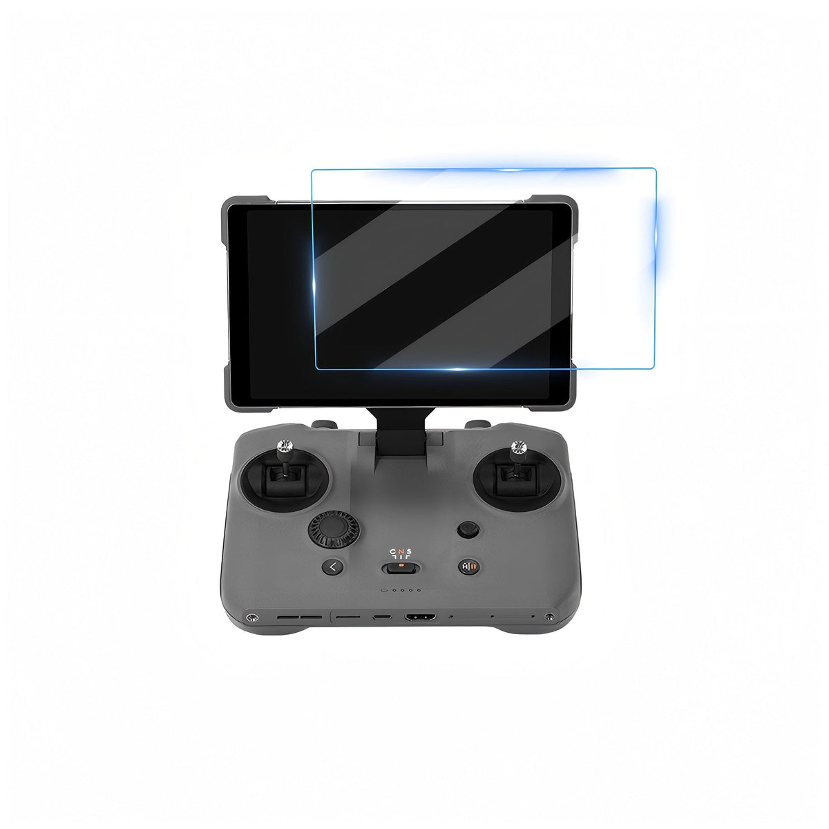 9H+ tempered glass screen protector floating above the DJI RC Pro 2 remote controller, providing ultimate scratch resistance for drone pilots.