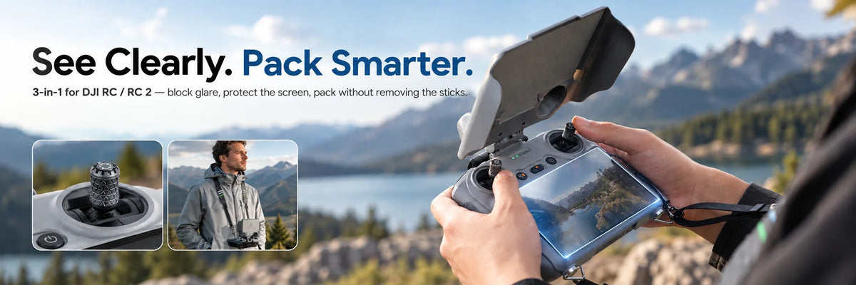 DJI RC and RC 2 joysticks, screen protector, and adjustable sun hood bundle for clearer outdoor flying