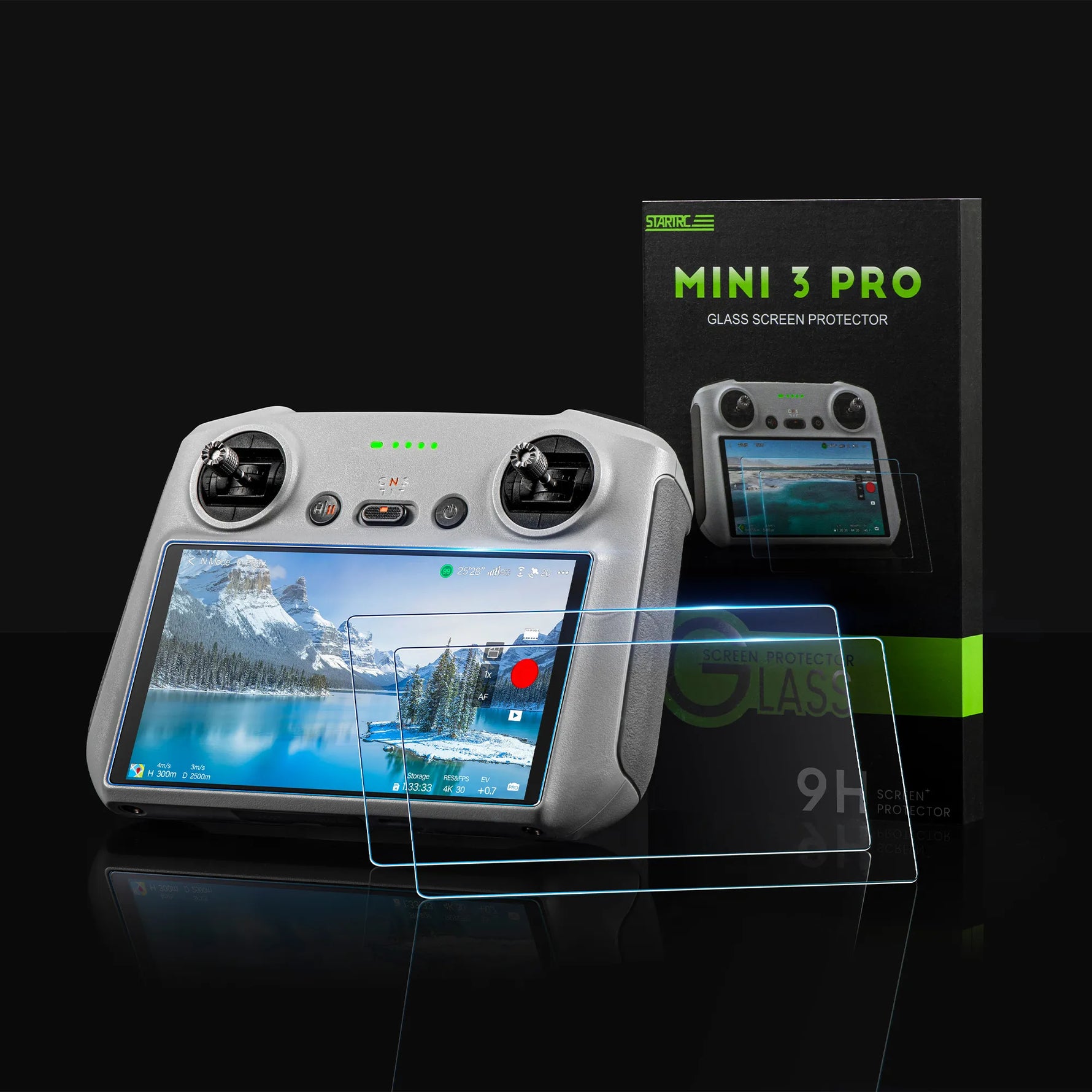 The STARTRC 2-pack HD tempered glass screen protector kit for DJI RC and RC 2, compatible with Mini 4 Pro and Air 3S, featuring easy bubble-free installation.