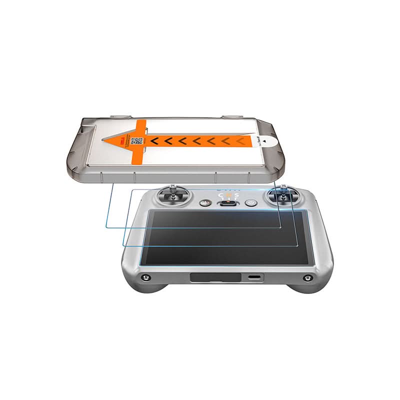 Auto-alignment kit hovering over the DJI RC2 remote controller, enabling a seamless 10-second installation of the 9H tempered glass.