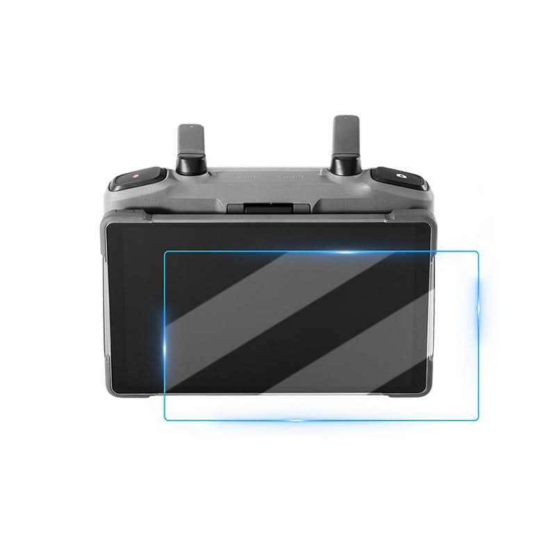 Front view of the premium tempered glass accessory applied securely to the DJI controller screen, ensuring crystal-clear flight visibility.
