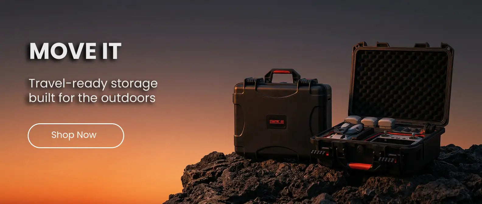 Travel-ready storage solution featuring a rugged DJI waterproof hard case designed for outdoor drone protection and gear organization.