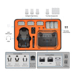 Detailed storage capacity layout demonstrating how the hard case neatly organizes the drone, charging hub, propellers, and lens filters in 7 precision-cut compartments.