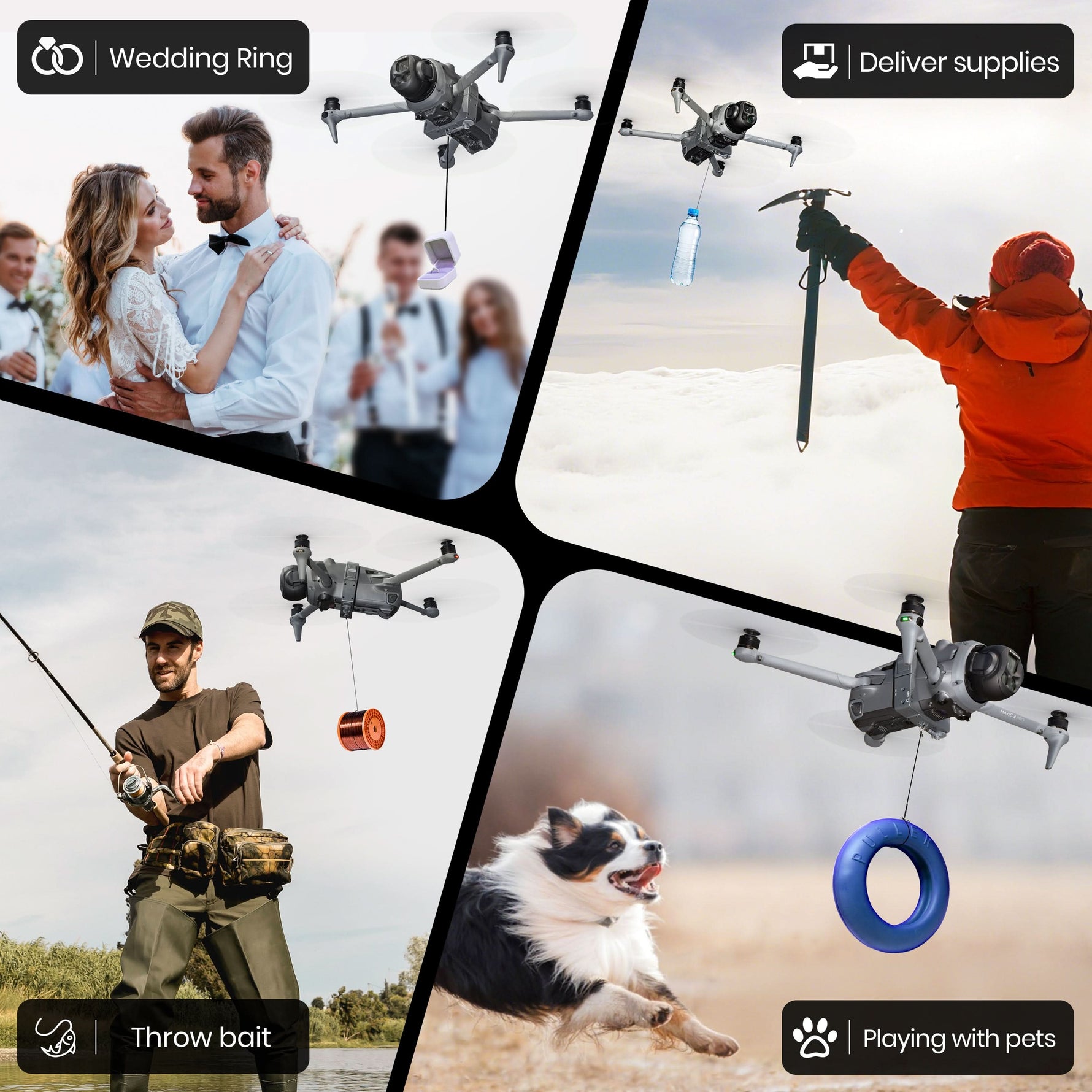 Four creative applications for the DJI drone payload release accessory, including dropping wedding rings, delivering fishing bait, and outdoor activities.