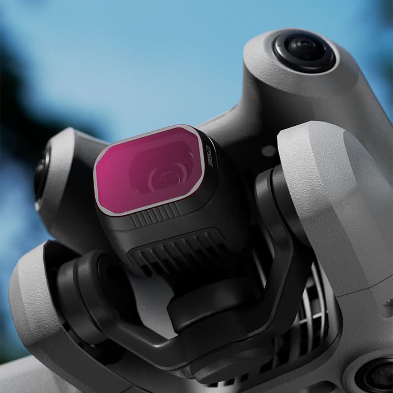 Close-up of the scratch-resistant ND filter seamlessly integrated onto the DJI Mini 4 Pro camera, shielding the original lens from water and oil.