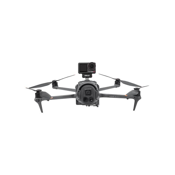 Front view of the drone securely fitted with the payload release accessory, maintaining perfect balance and flight stability.