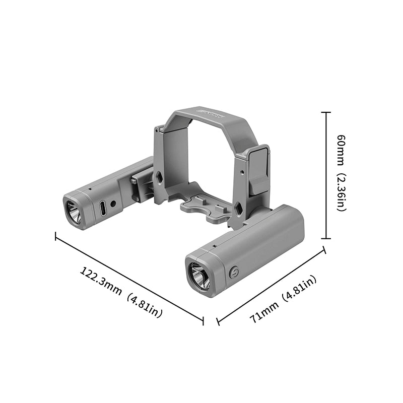 Detailed size and dimension specifications for the compact drone lighting bracket, designed to boost visibility without compromising portability.