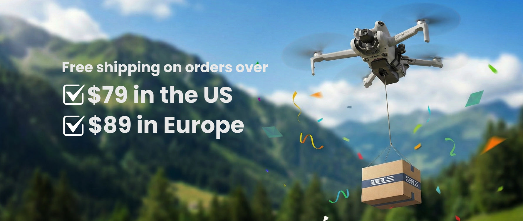 DJI drone in flight equipped with a professional payload delivery system dropping a package, featuring $79 free shipping to the US and $89 to Europe.