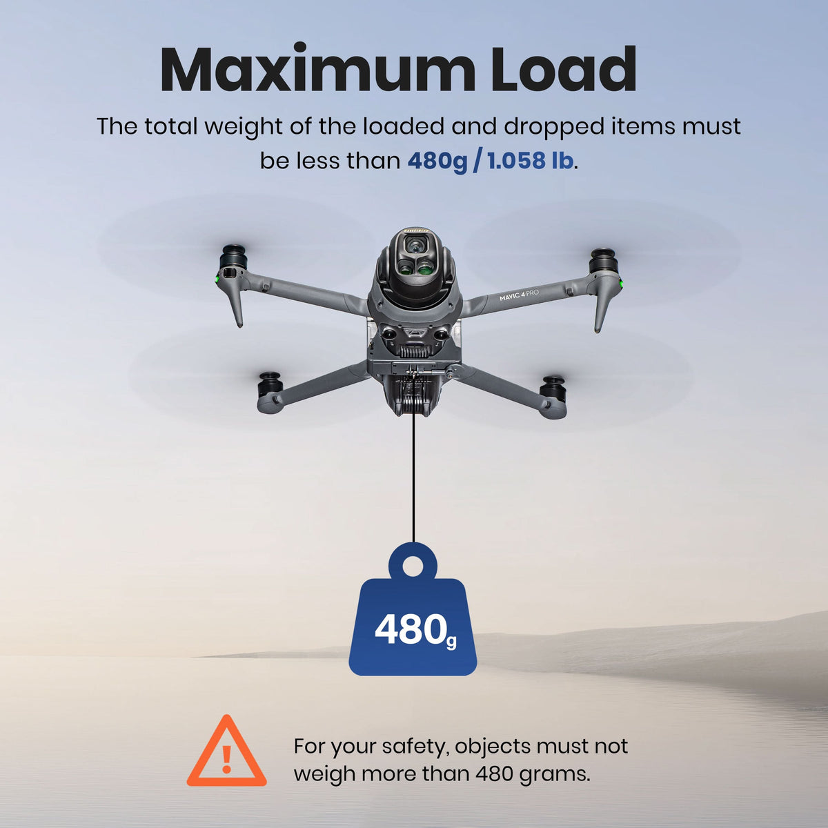 Maximum 400-gram payload capacity specification for the Mavic 4 Pro airdrop device, ensuring safe and stable flight performance.