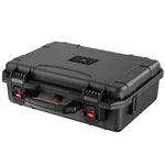 Angled view of the bomber-grade protective hard case for DJI drones, highlighting the ergonomic carrying handle and secure dual latches.