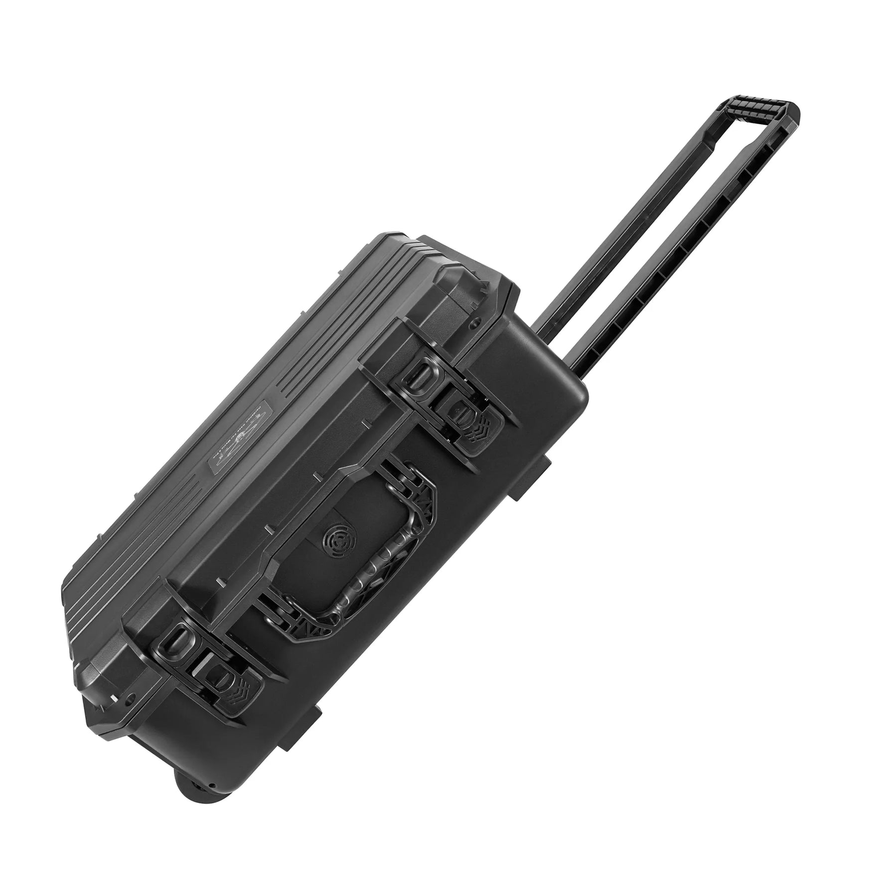 Premium PP exterior drone travel suitcase with its telescopic handle extended, offering effortless portability for professional aerial filmmakers.