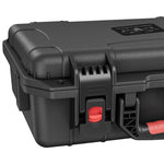 Close-up of the robust, secure locking latch on the STARTRC IP67 waterproof box, ensuring the drone equipment remains safe from dust and water.