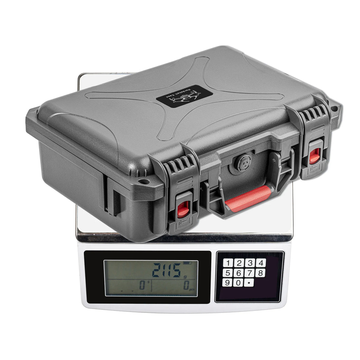 Digital scale displaying the weight of the heavy-duty ABS drone box, highlighting its robust build that offers 10ft drop resistance and 40+ lbs pressure tolerance.