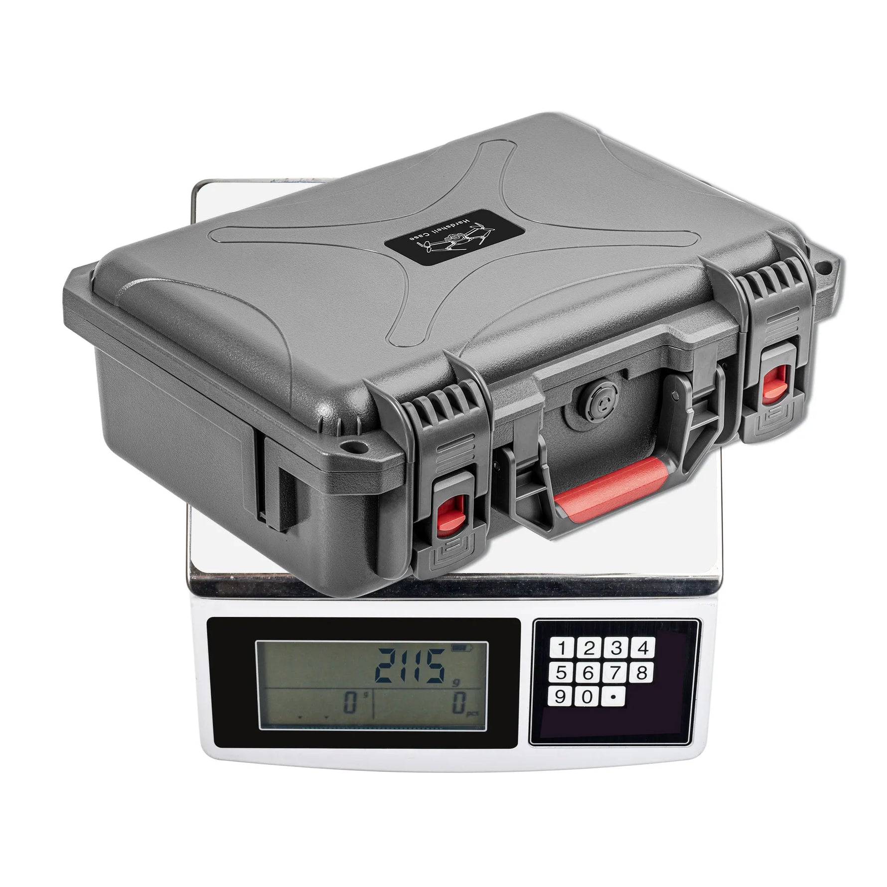 Digital scale displaying the weight of the heavy-duty ABS drone box, highlighting its robust build that offers 10ft drop resistance and 40+ lbs pressure tolerance.
