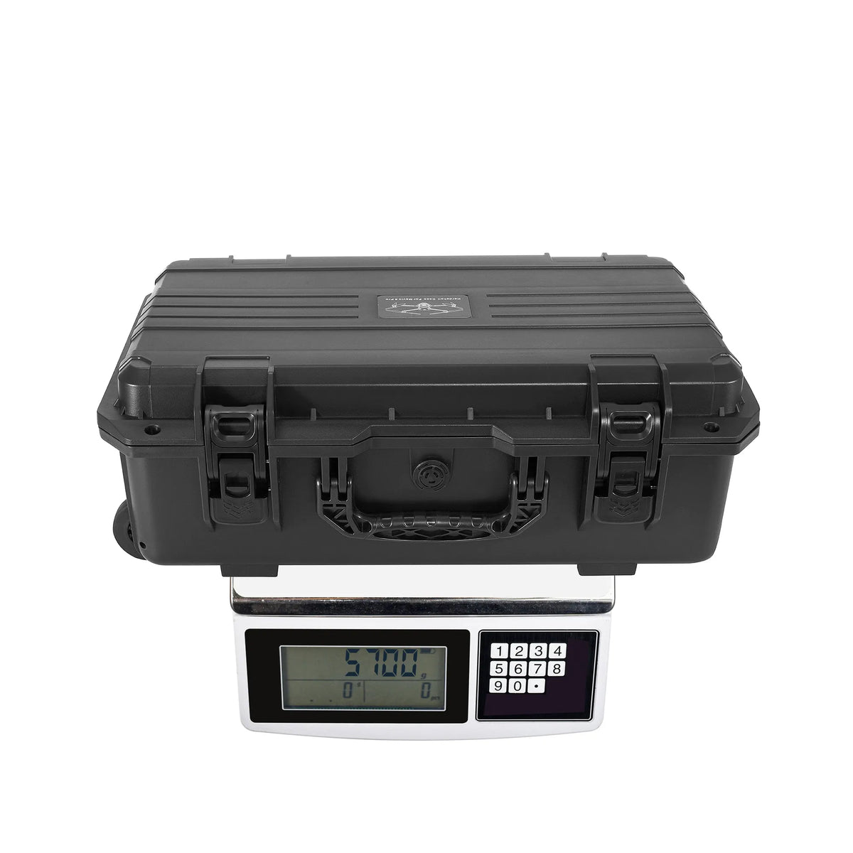 Digital scale displaying the exact weight of the trolley-type waterproof case, highlighting its sturdy yet manageable build for on-the-go photographers.
