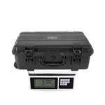 Digital scale displaying the exact weight of the trolley-type waterproof case, highlighting its sturdy yet manageable build for on-the-go photographers.
