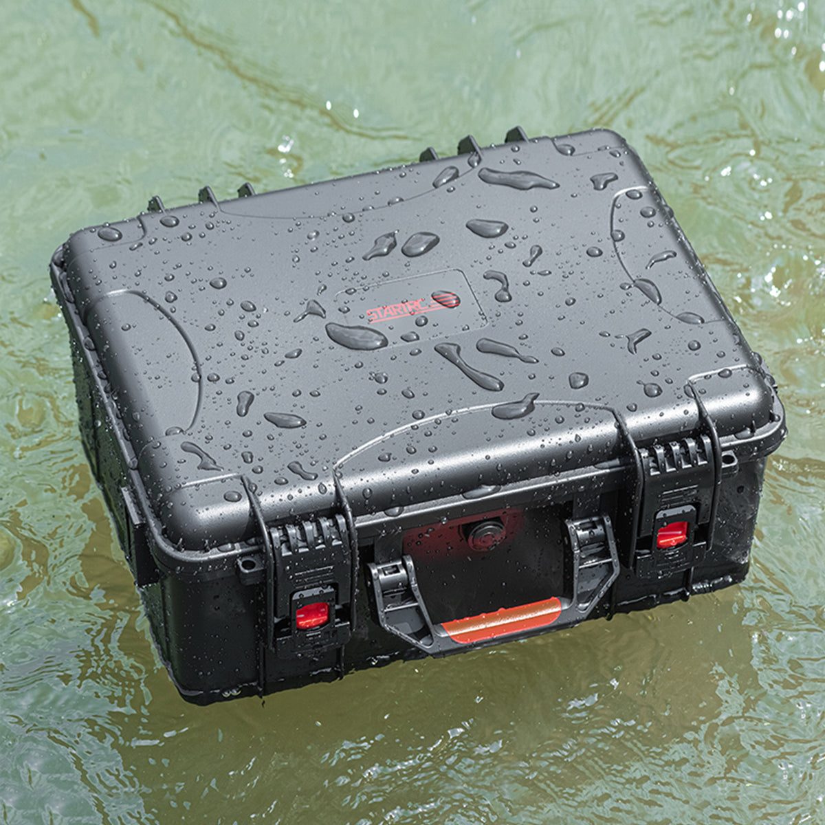The fully sealed DJI Avata 360 hard case floating in water, proving its exceptional waterproof performance and pressure valve functionality.