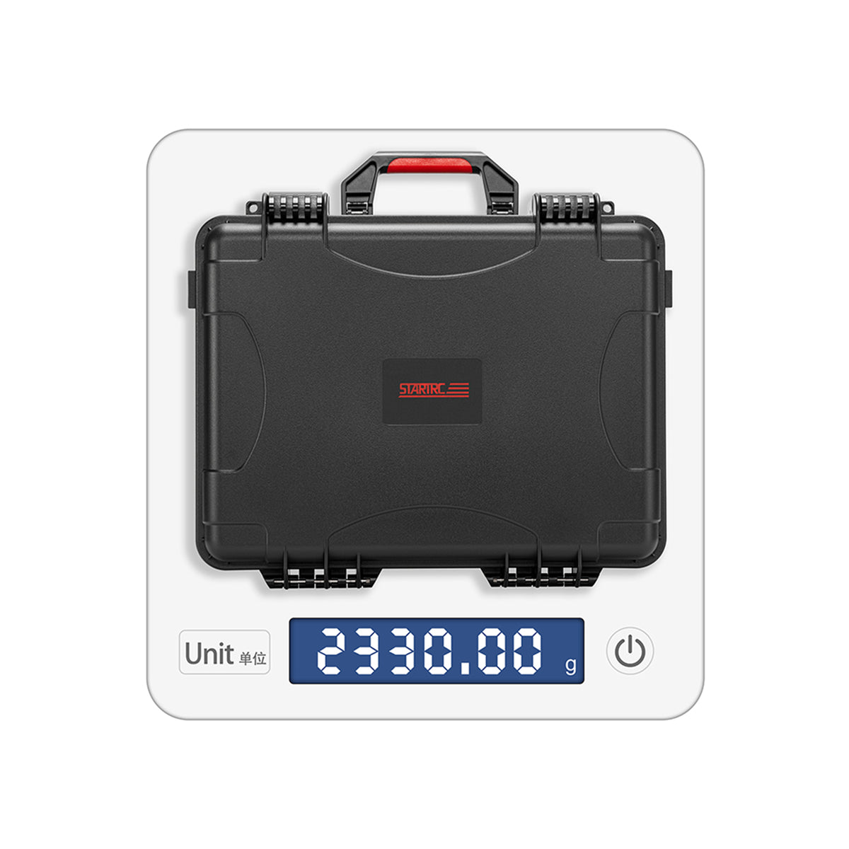 The STARTRC Avata 360 hard case on a digital scale displaying 2330g, showcasing its lightweight design for outdoor hiking.