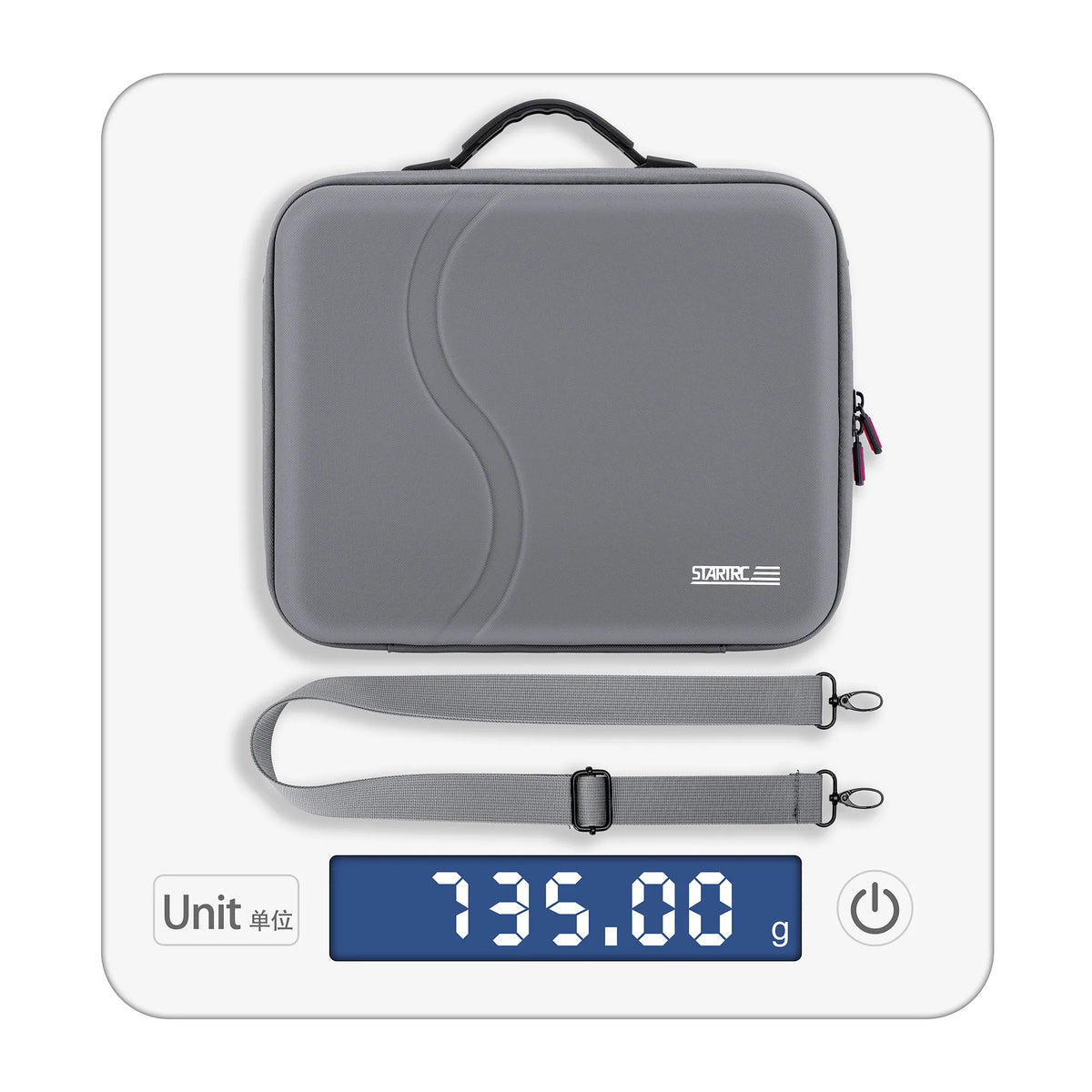 The STARTRC DJI Neo 2 bag sitting on a digital scale, displaying a lightweight build of 735 grams for effortless portability.