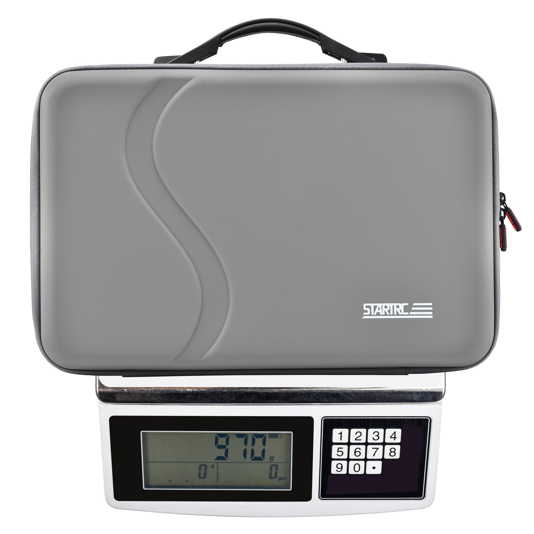 The STARTRC DJI Avata 360 carry bag on a scale showing a net weight of 970g, highlighting its lightweight and portable design.