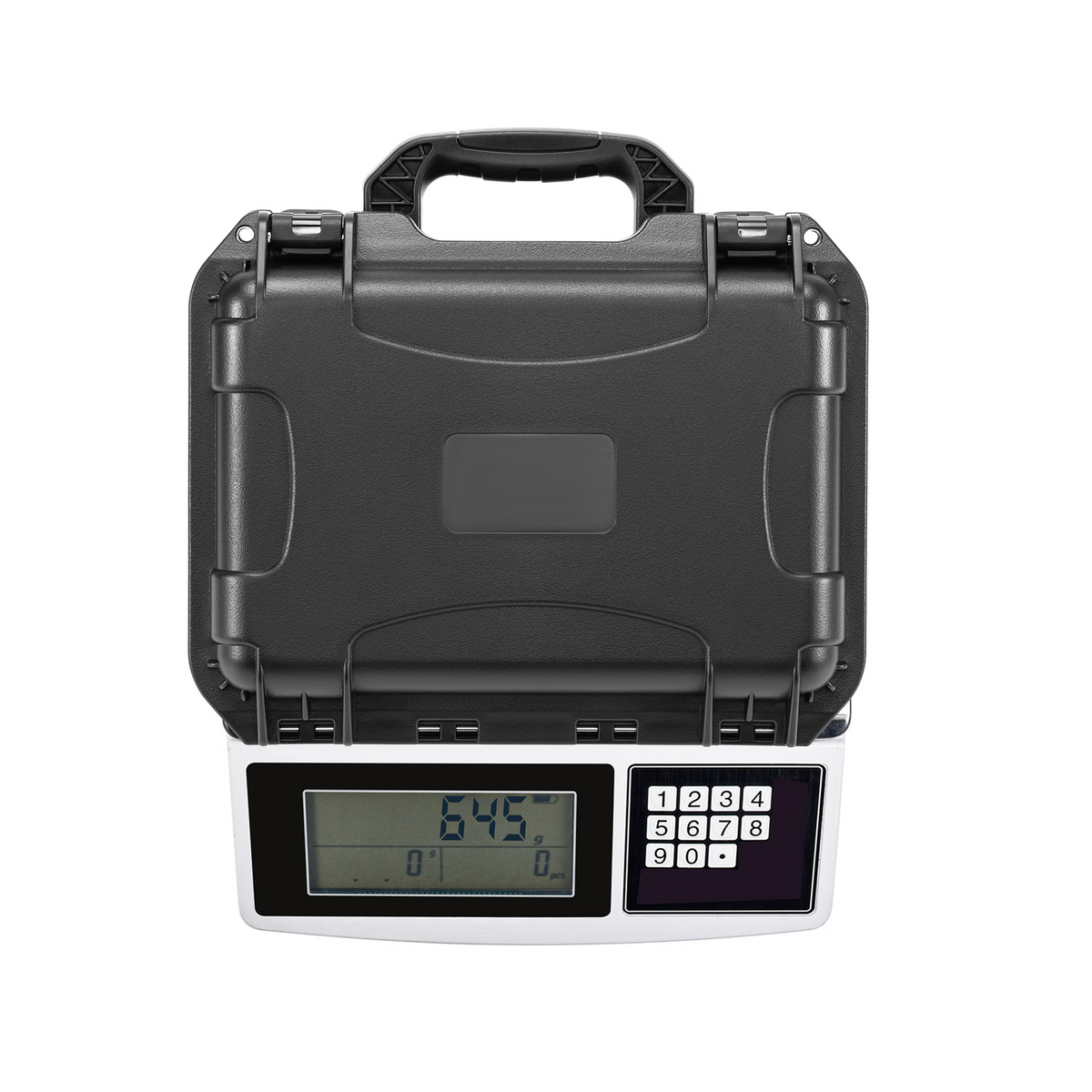 The STARTRC DJI Osmo Pocket 4 waterproof hard case on a digital scale, showing a net weight of 645g. A portable solution with small size and large capacity.