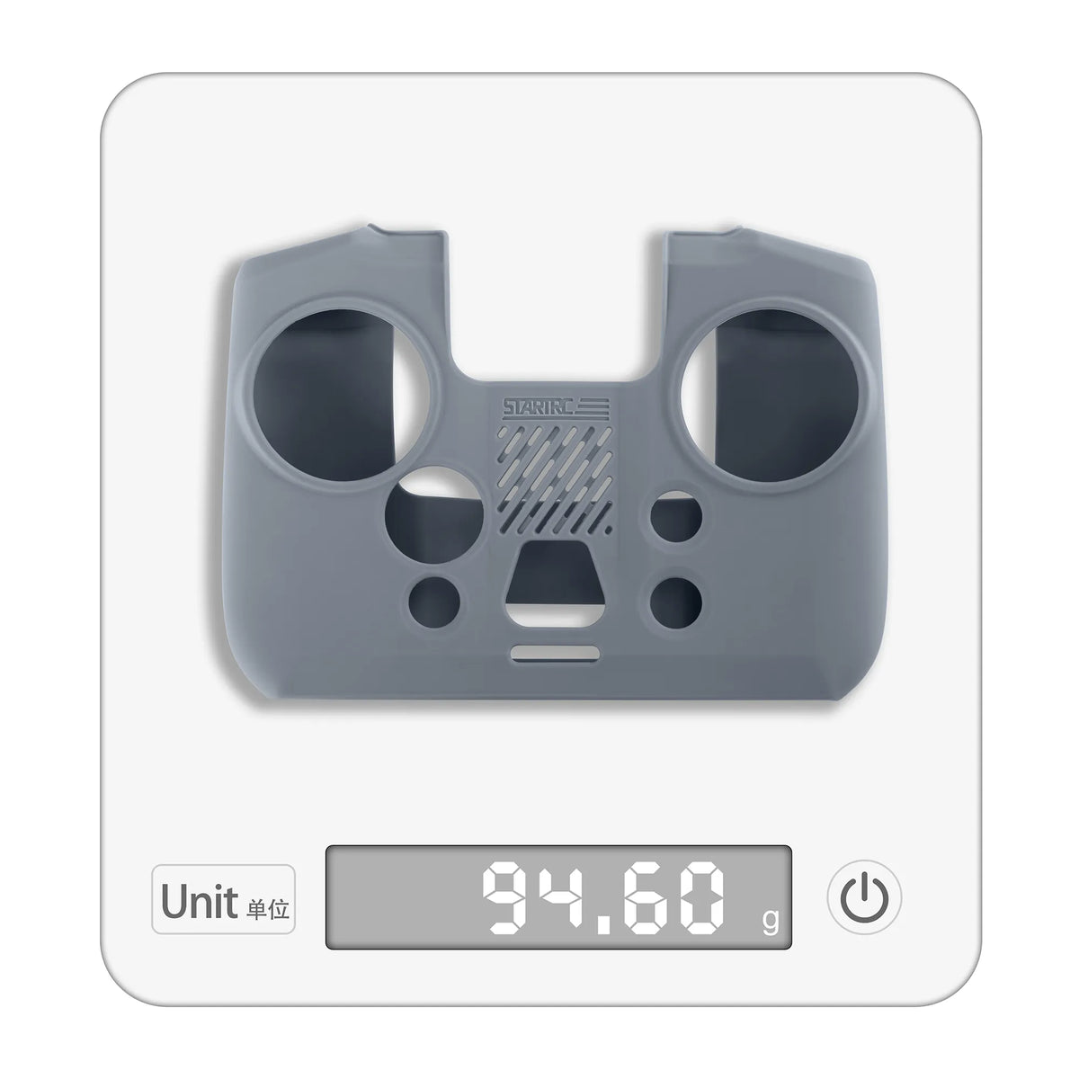 The STARTRC DJI RC PRO 2 silicone case on a digital scale, proving its lightweight design that adds strong protection without extra flight burden.