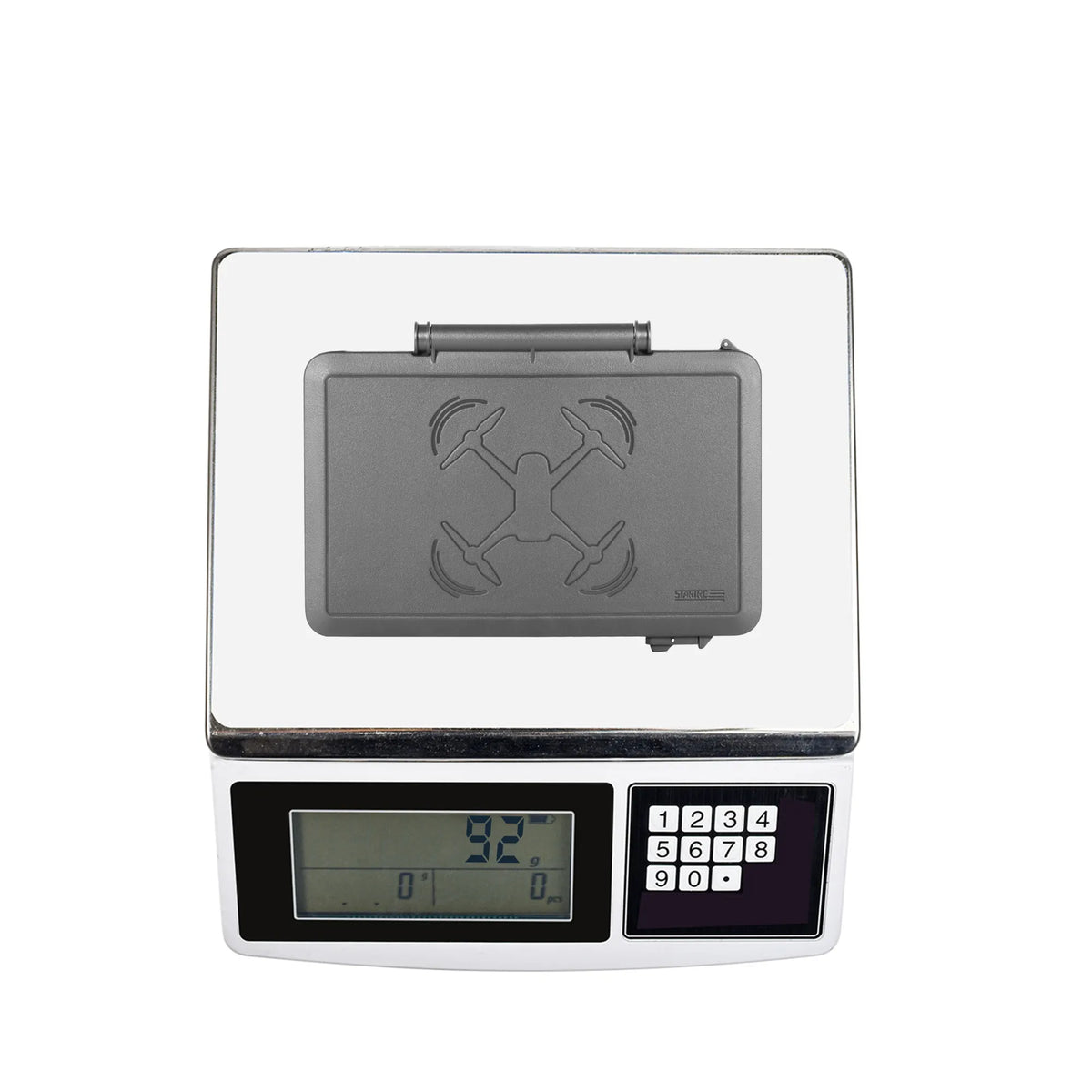 Lightweight design of the 2-in-1 DJI drone remote controller cover shown on a digital scale for easy portability.