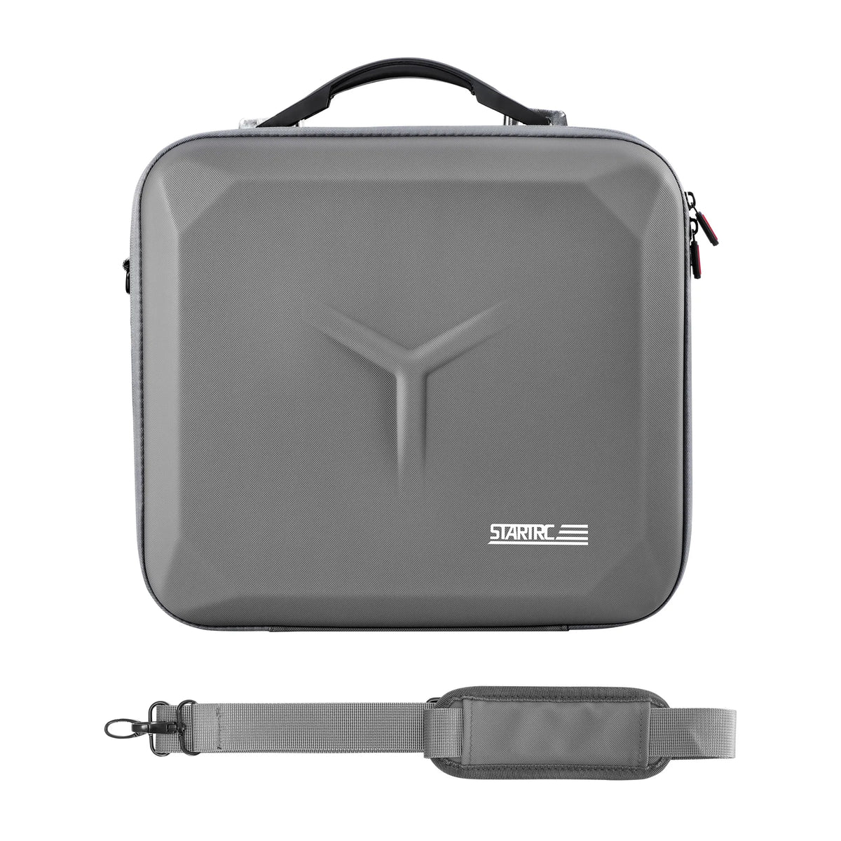 Grey protective travel case for DJI drones, shown with its detachable and adjustable shoulder strap for easy and comfortable carrying.
