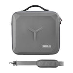 Grey protective travel case for DJI drones, shown with its detachable and adjustable shoulder strap for easy and comfortable carrying.