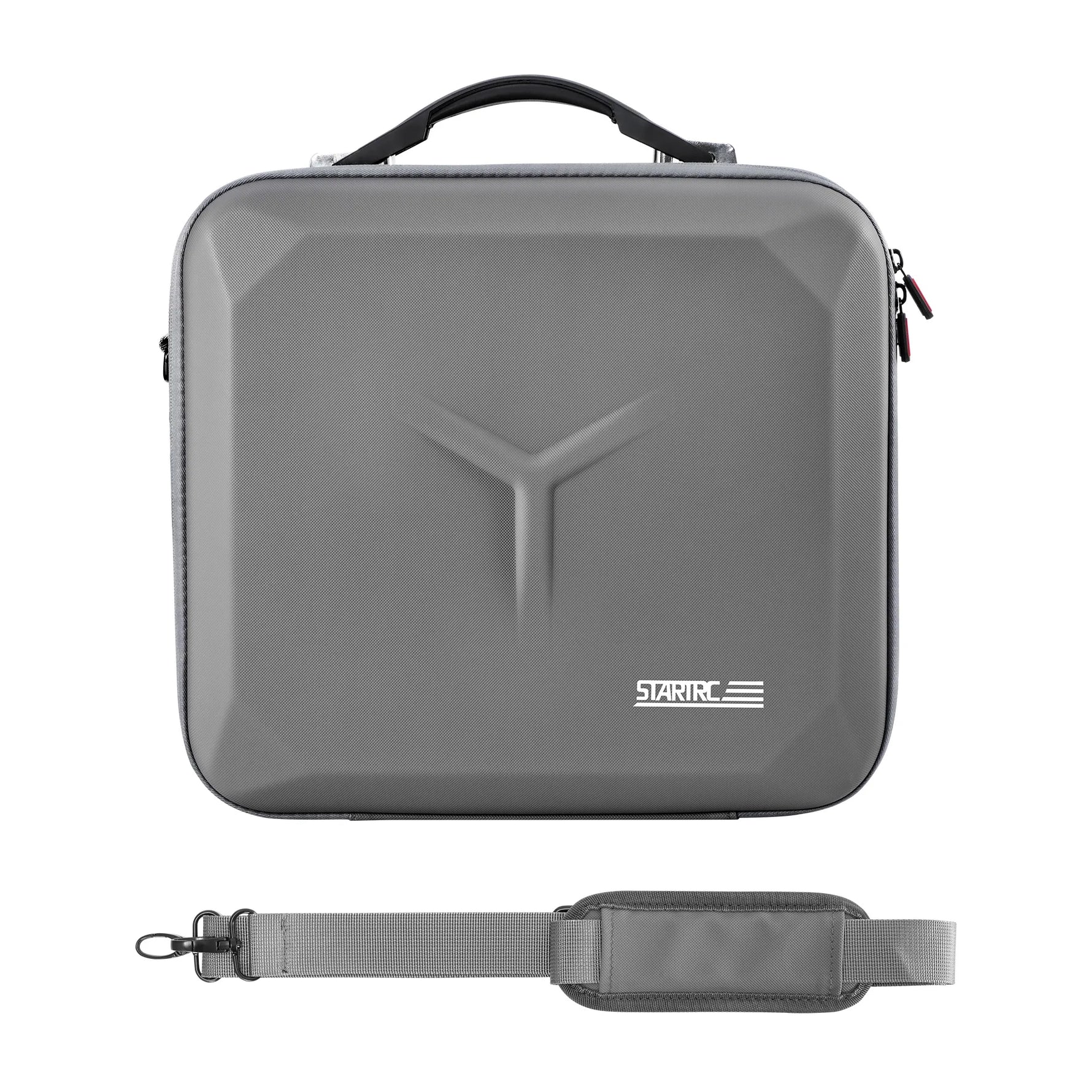 Grey protective travel case for DJI drones, shown with its detachable and adjustable shoulder strap for easy and comfortable carrying.