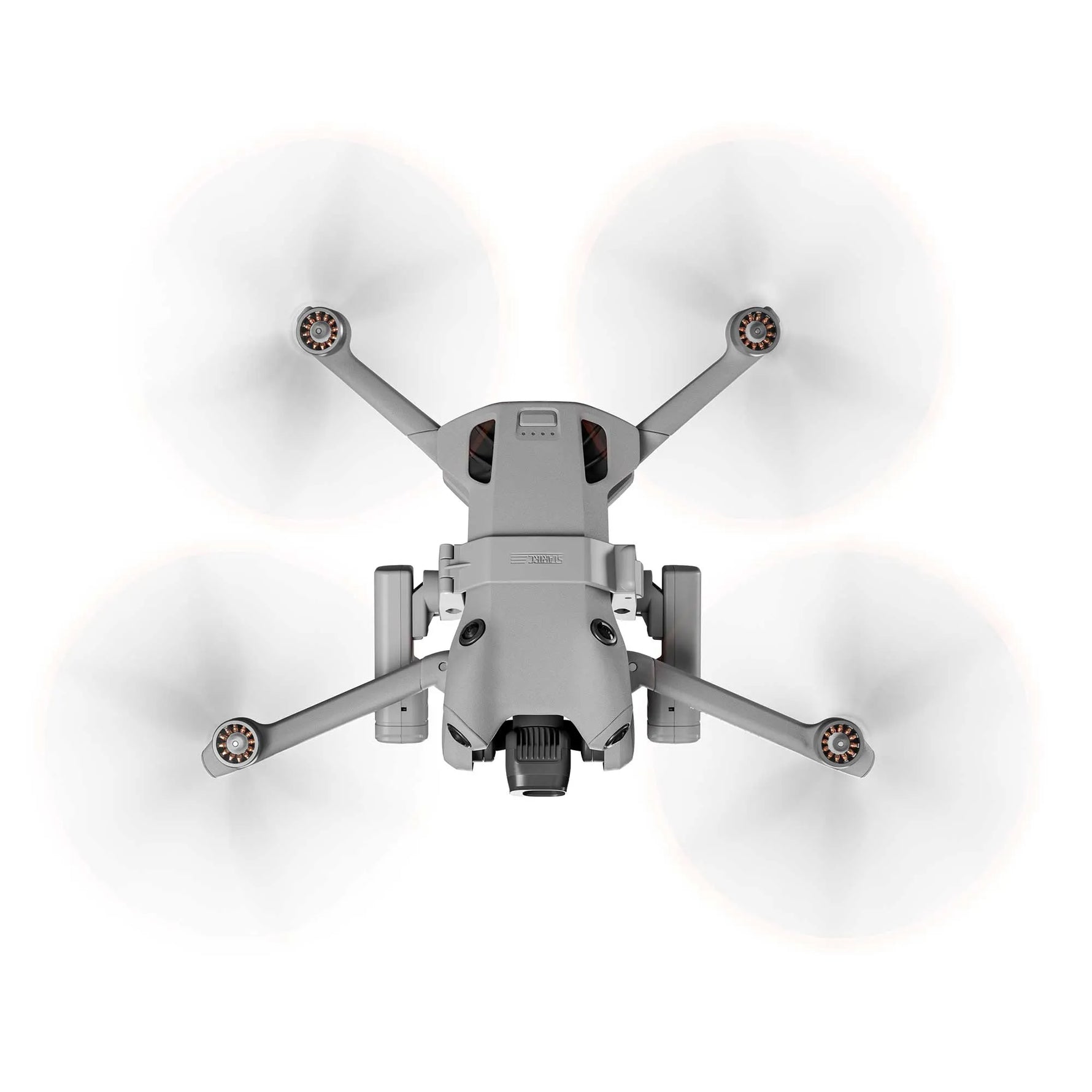 Bottom view of the DJI Mini 4 Pro flying smoothly with the illuminated landing gear, maintaining perfect flight dynamics and maneuverability.