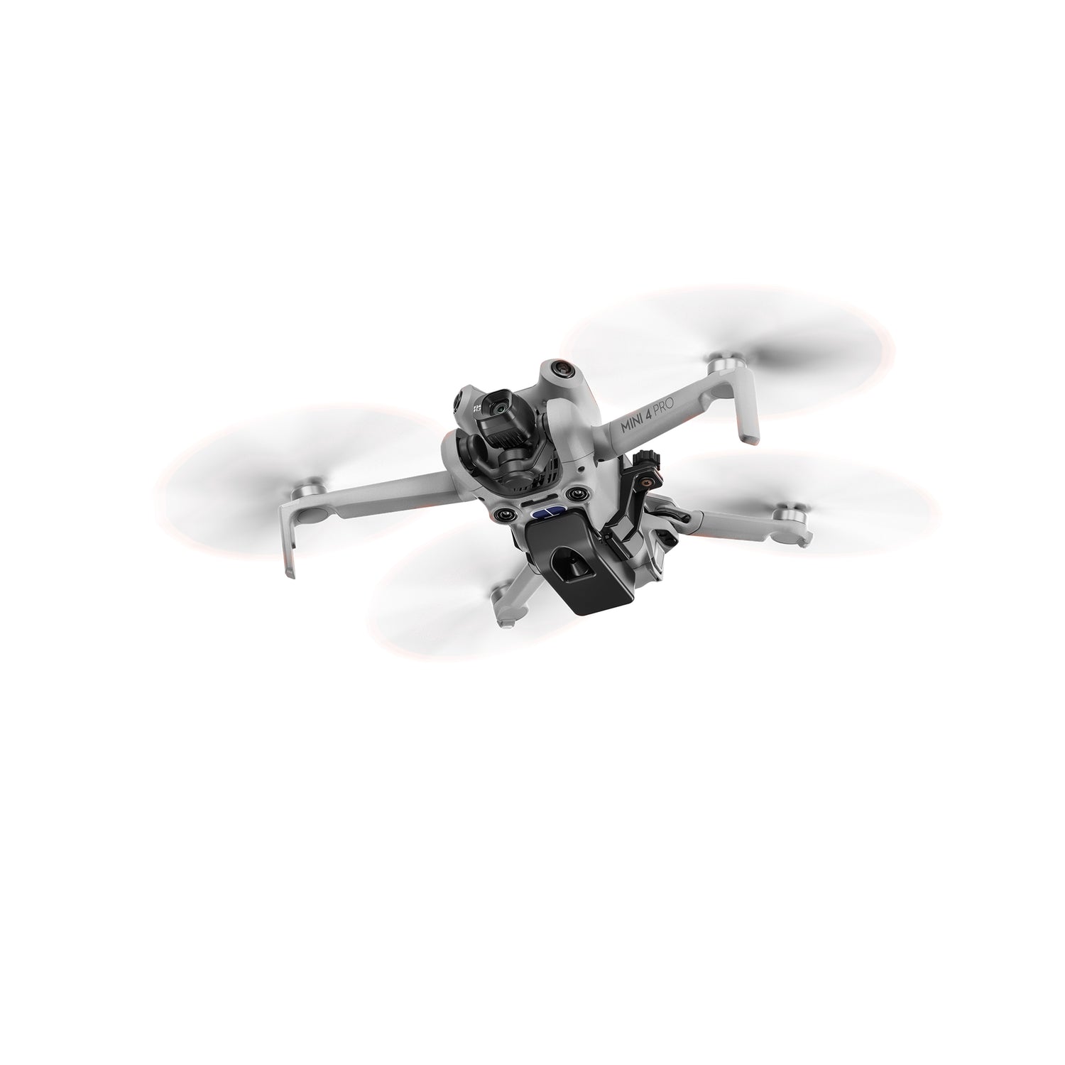 DJI Mini 4 Pro drone equipped with a tailored payload delivery device, flying steadily for secure and reliable item dropping.