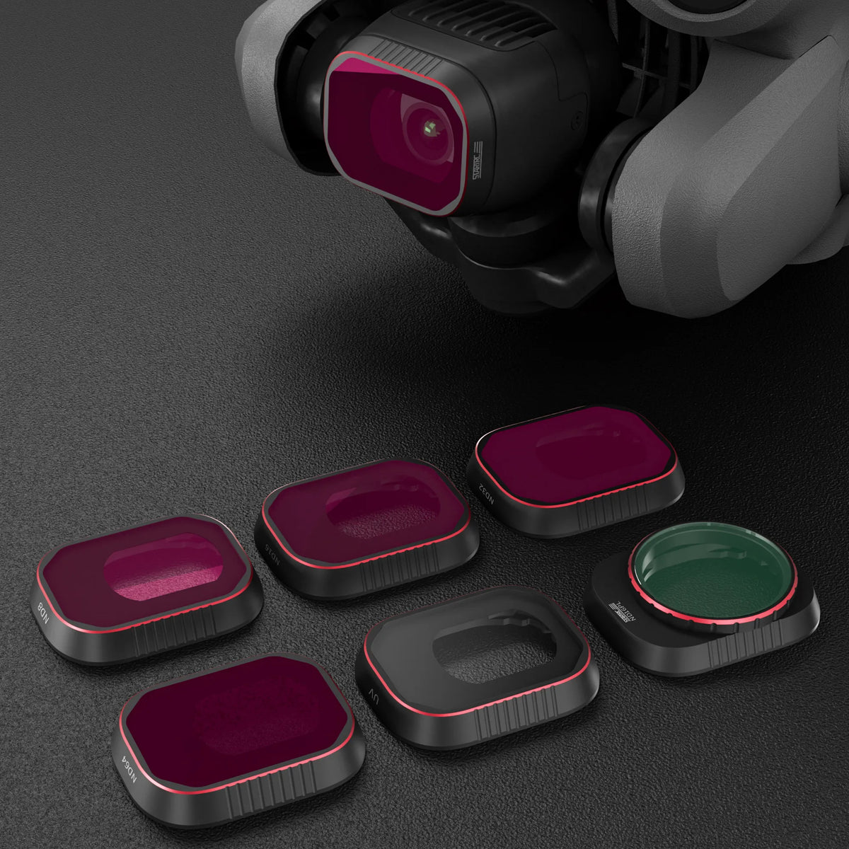 Premium multi-coated optical glass filters for DJI drones shown on a dark surface, highlighting the tool-free screw-on design for quick installation.