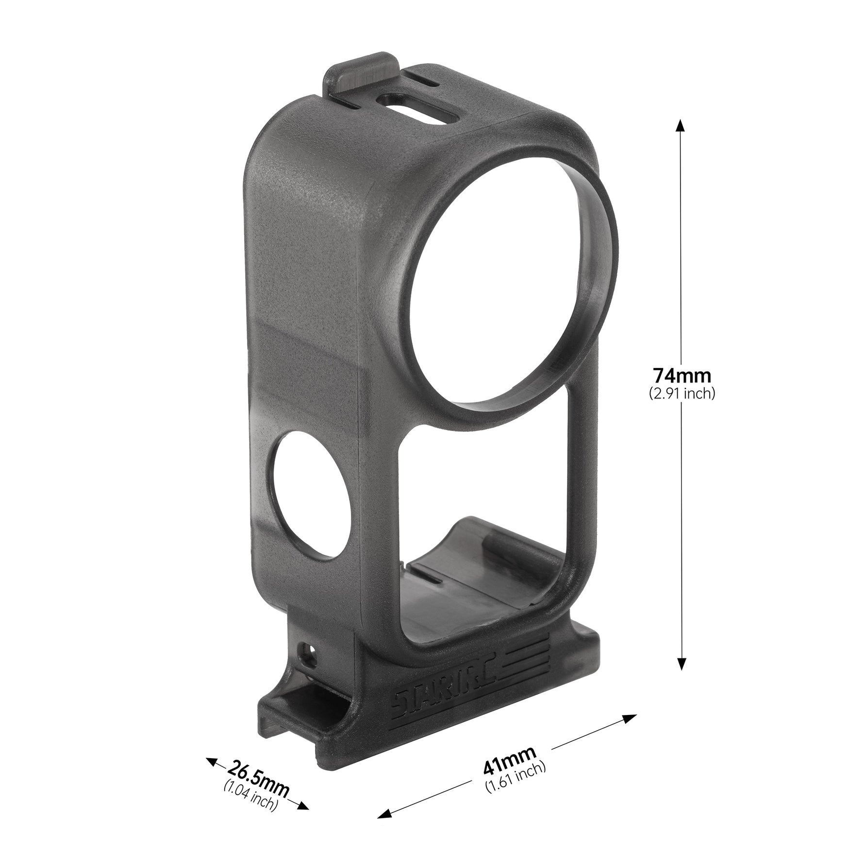 Detailed dimensions of the Osmo Nano expansion rig, featuring the integrated AC port and 1/4" screw hole for mounting to tripods, magnetic bases, or extension poles.