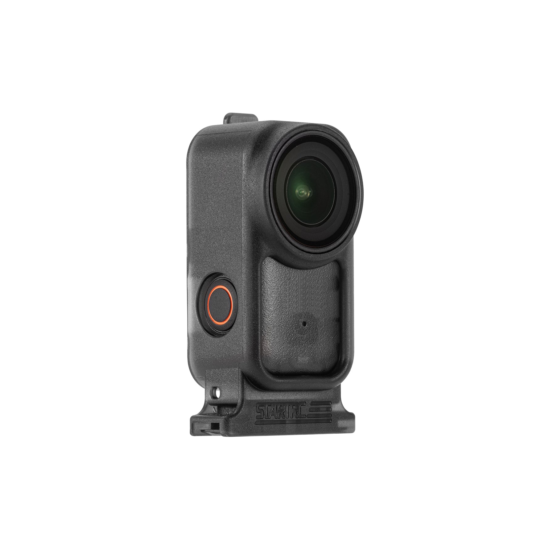 Rear view of the vlogging protective cage for DJI Osmo Nano, highlighting the hollow-out design for unobstructed access to buttons, screen, and ports.