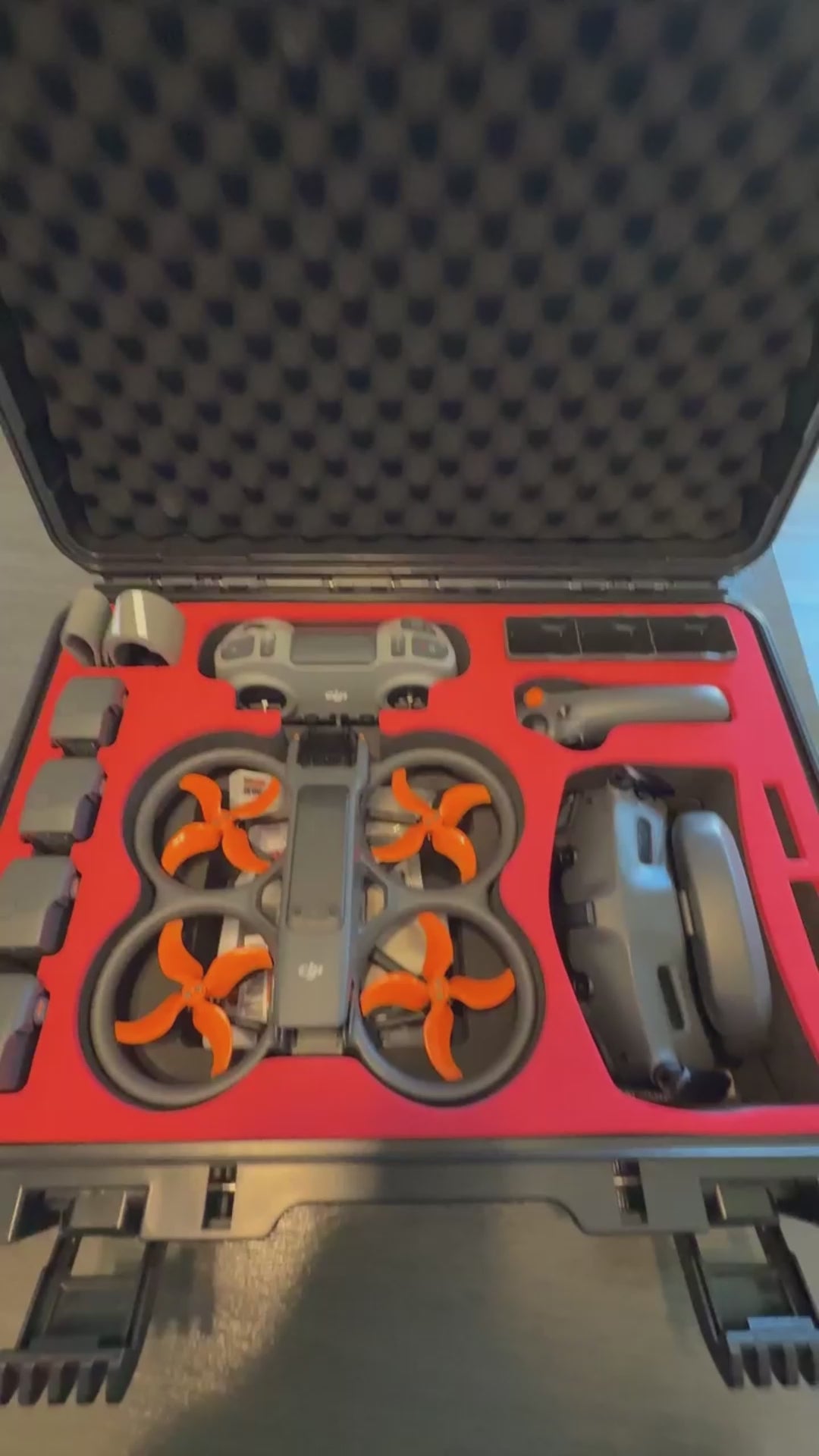 Close-up of the custom-fit interior for the DJI Avata 2, specifically designed to protect Goggles 3, RC Motion 3, and the power adapter.