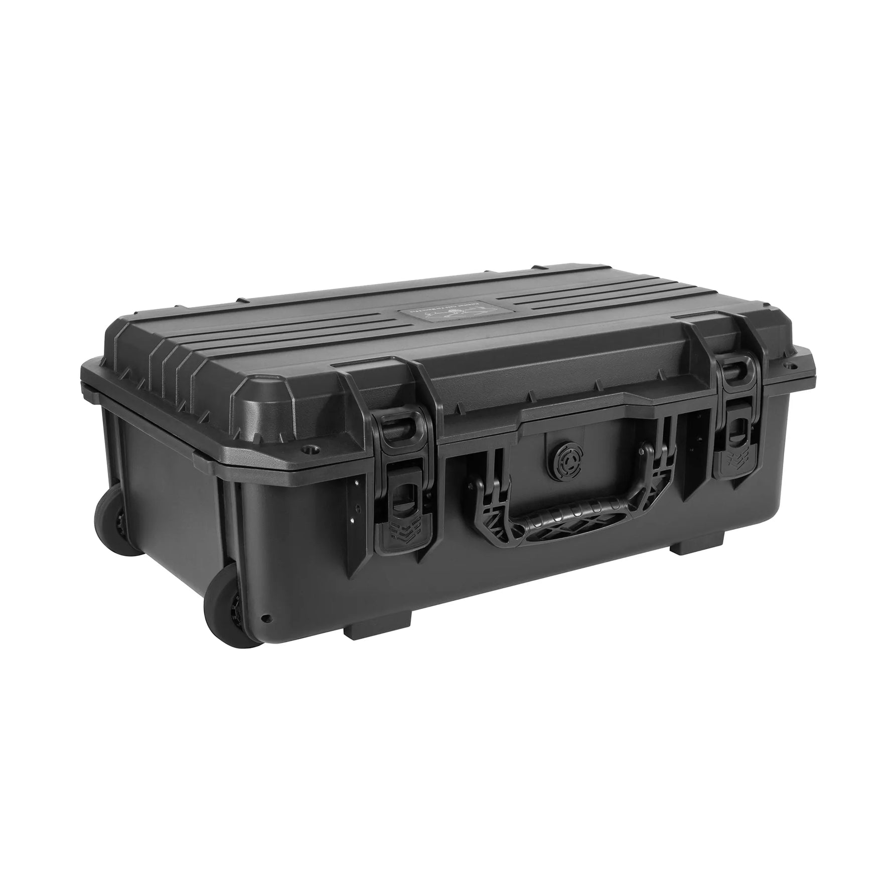 Angled view of the rugged travel storage box featuring a waterproof and dustproof valve, secure snap-locks, and a durable top carry handle.