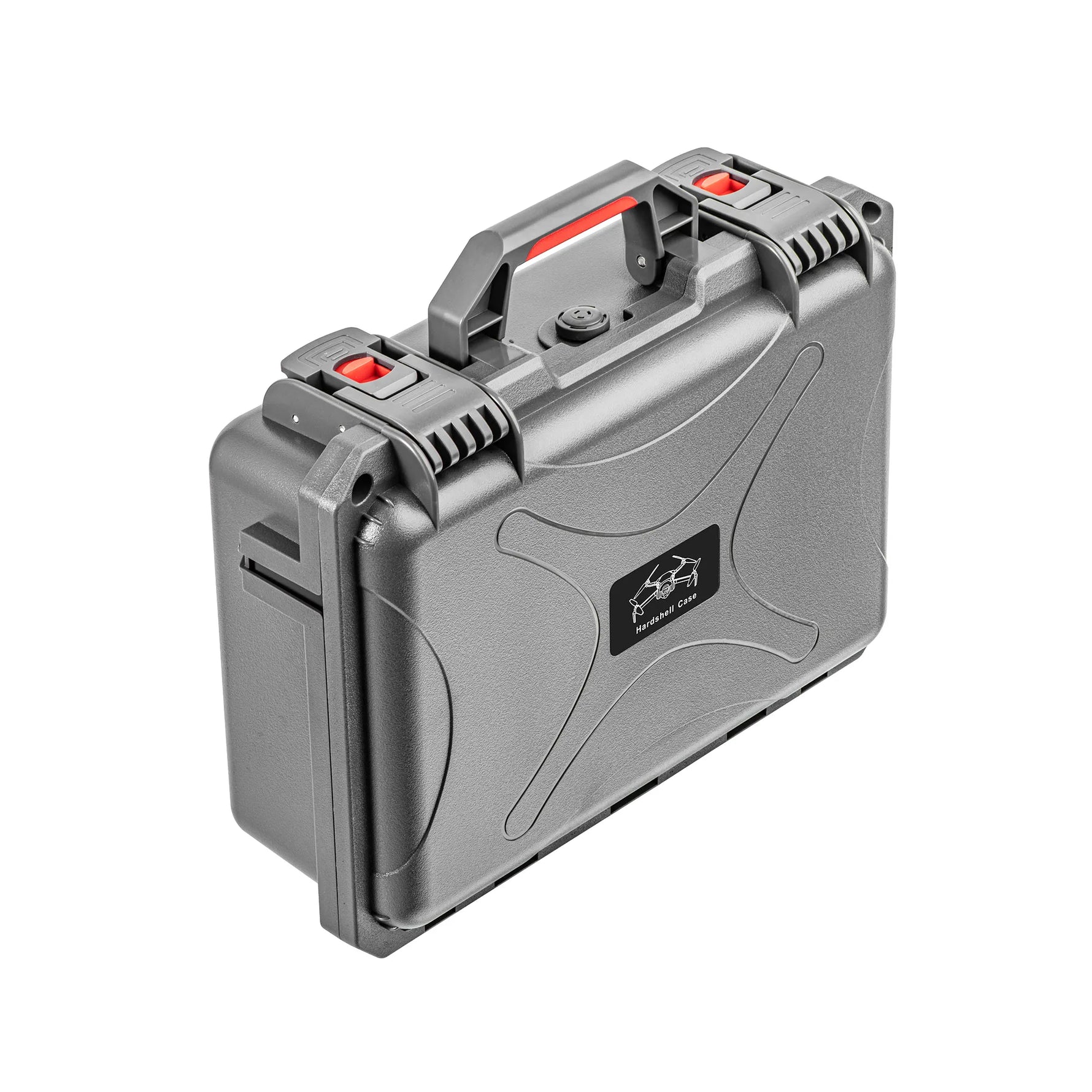 Angled view of the impact-resistant drone travel case, equipped with an ergonomic handle for easy portability during outdoor photography shoots.