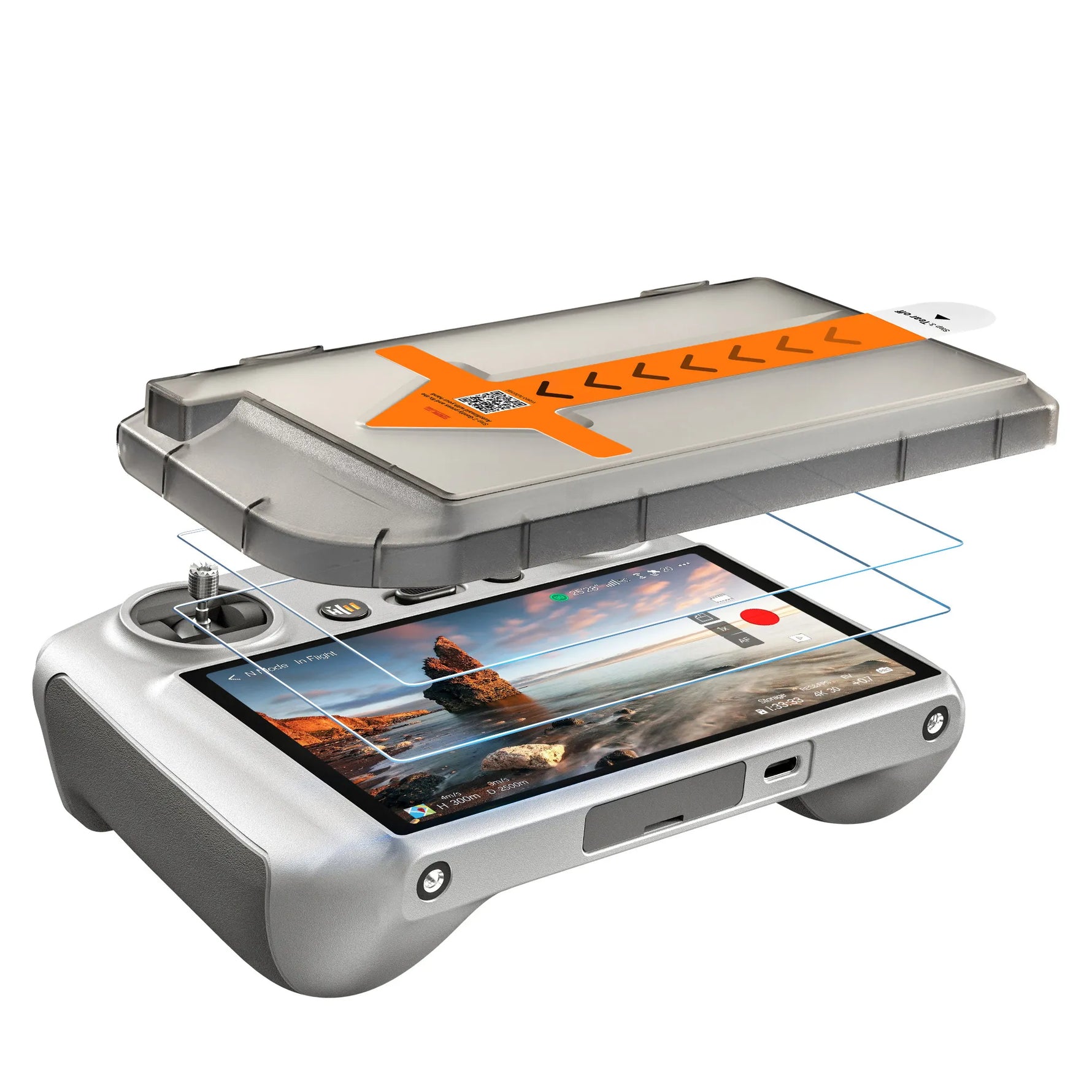 Precision positioning of the heavy-duty screen protector onto the DJI remote display using the included auto-alignment tool, requiring no prior experience.
