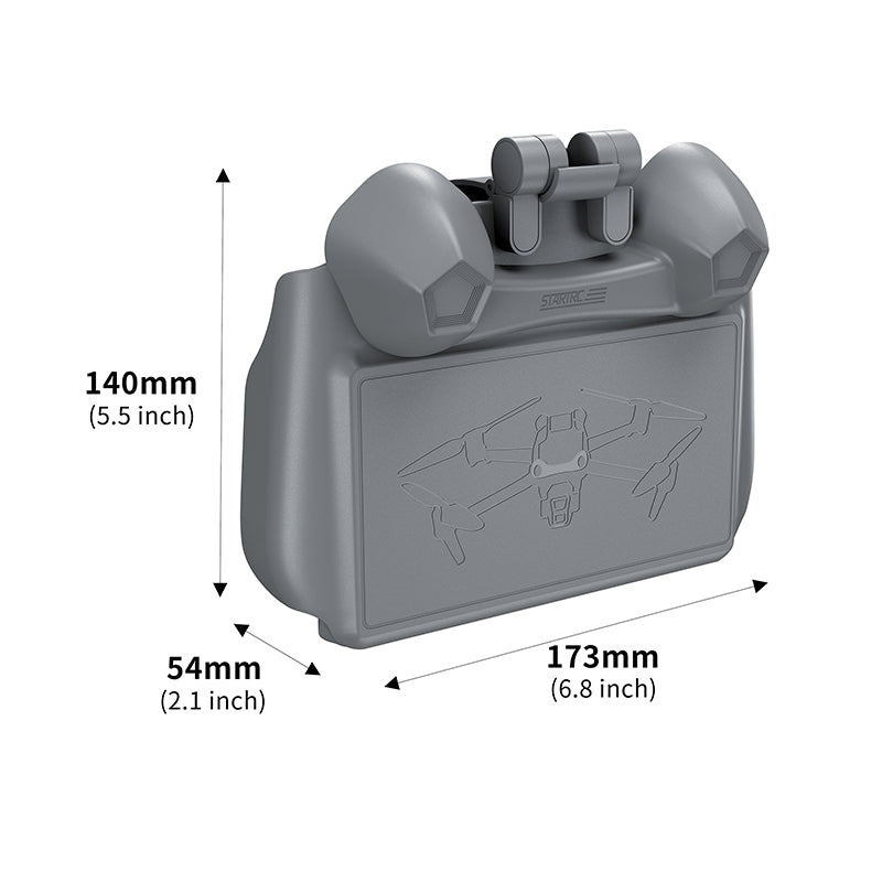 Detailed size and dimension specifications for the 3-in-1 drone remote control protection kit and quick-lock sunshade.