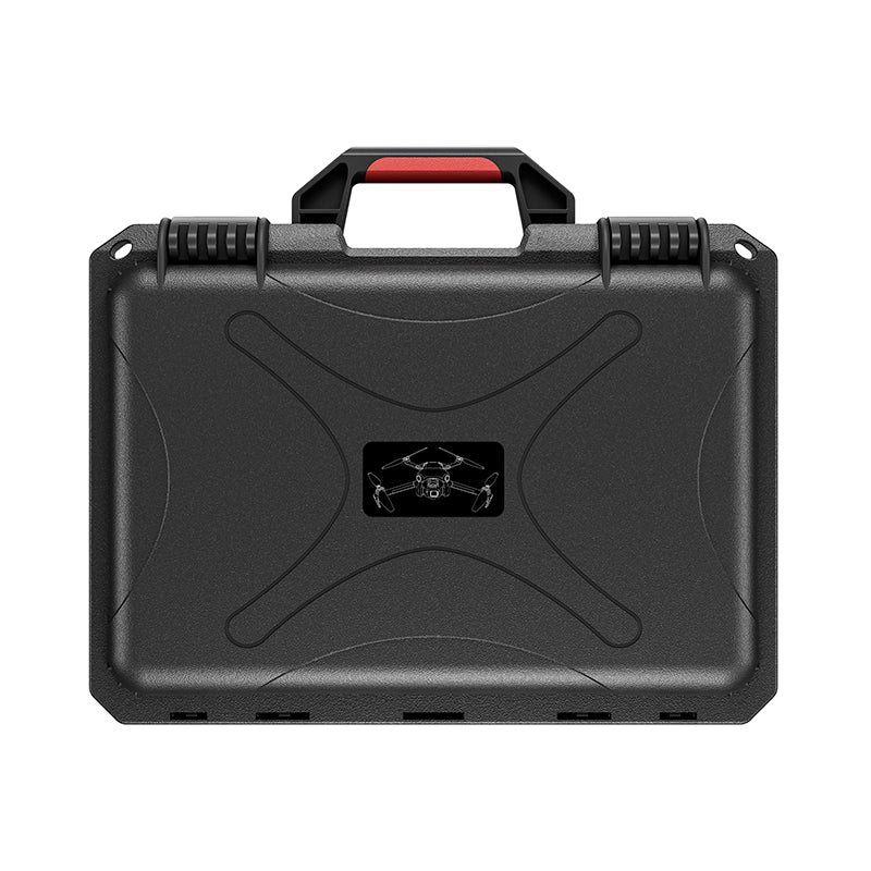 Front view of the rugged waterproof storage box for camera drones, featuring secure locking latches and a durable carrying handle.