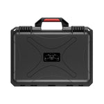 Front view of the rugged waterproof storage box for camera drones, featuring secure locking latches and a durable carrying handle.
