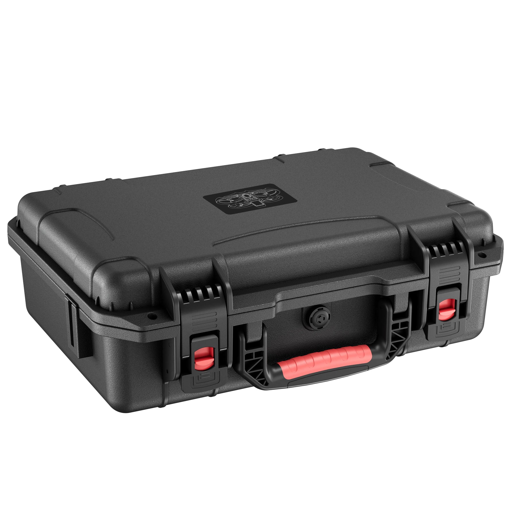 A side perspective of the rugged hard shell case for the DJI Avata 2 drone, highlighting the pressure-equalizing valve and impact-resistant construction.