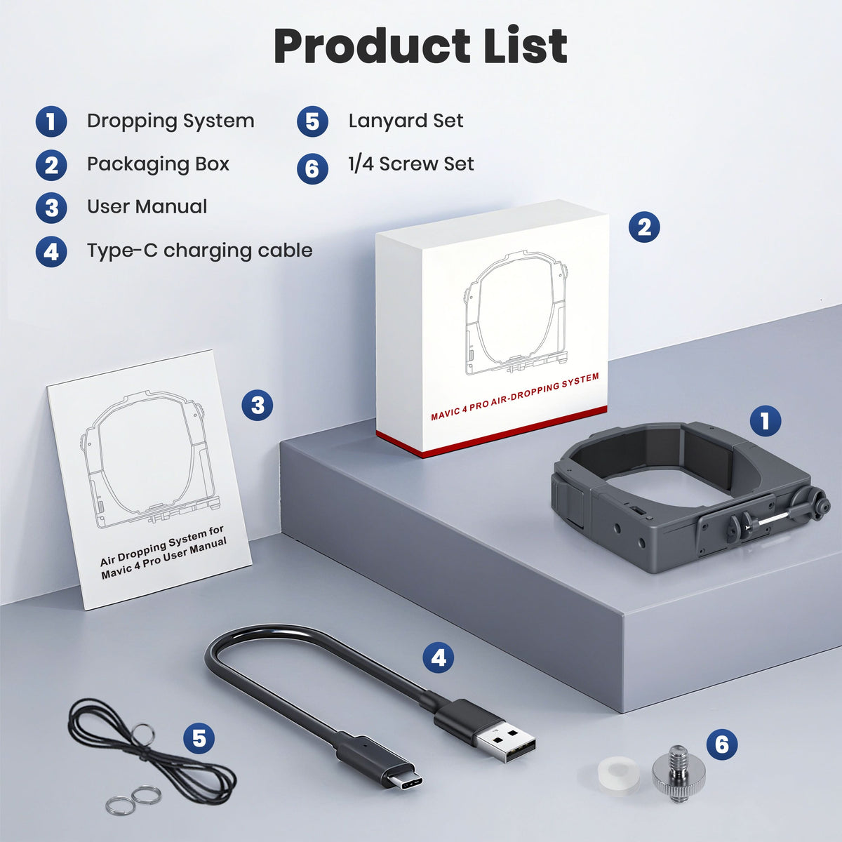 Unboxing product list for the Mavic 4 Pro airdrop system, including the main dropper unit, charging cable, and mounting strap.